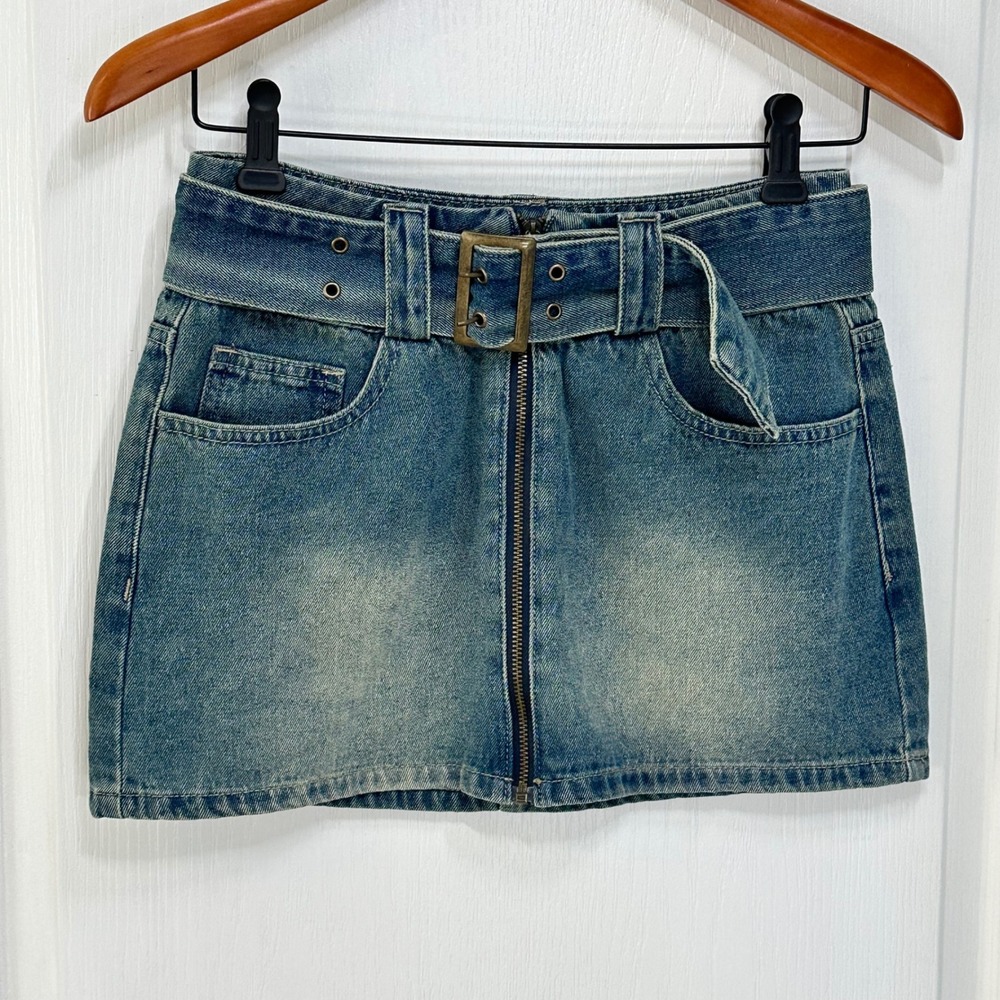 Cider Womens Denim Mini Skirt Medium Wash Belted Front Zip Blue XS CD20221022